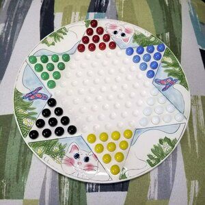 Rare Ceramic Chinese Checkers Cat And Butterfly Board And Marbles Complete Set